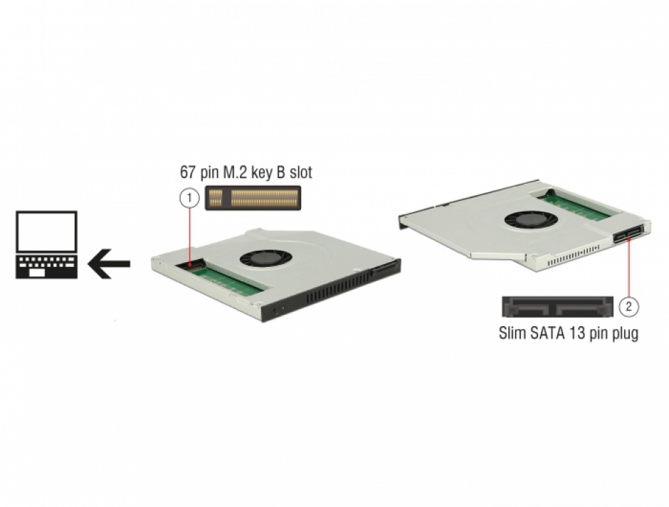 Imagine Installation Frame Slim SATA 5.25" (10mm) la 1 x M.2 SSD Key B cu ventilator, Delock 63287