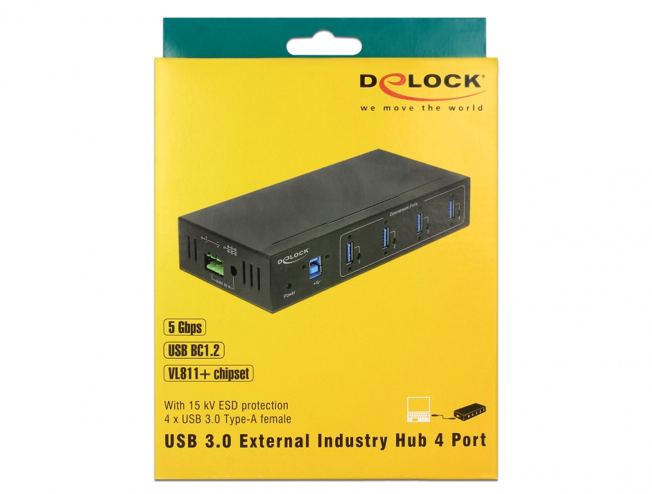 Imagine HUB extern industrial cu 4 x USB 3.0 tip A, protectie 15 kV ESD, Delock 63309