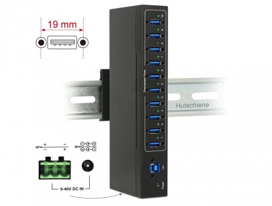 Imagine HUB extern industrial cu 4 x USB 3.0 tip A, protectie 20 kV ESD, Delock 63919