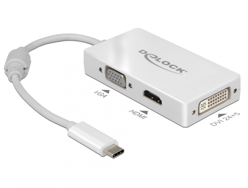 Imagine Adaptor USB-C la VGA / HDMI / DVI T-M alb, Delock 63924
