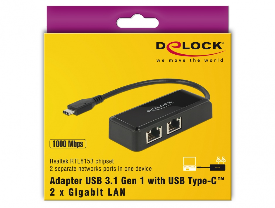 Imagine Placa de retea USB-C 3.1 Gen 1 la 2 x Gigabit LAN, Delock 63927