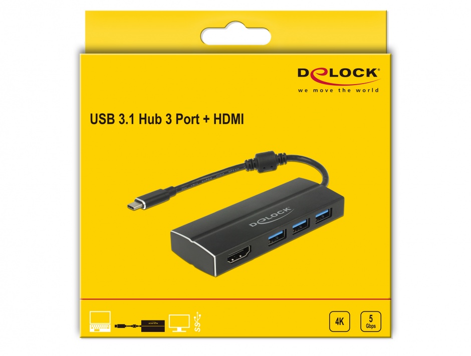Imagine Adaptor USB-C 3.1 la HDMI-A (DP Alt Mode) 4K 30Hz + 3 x USB, Delock 63931 