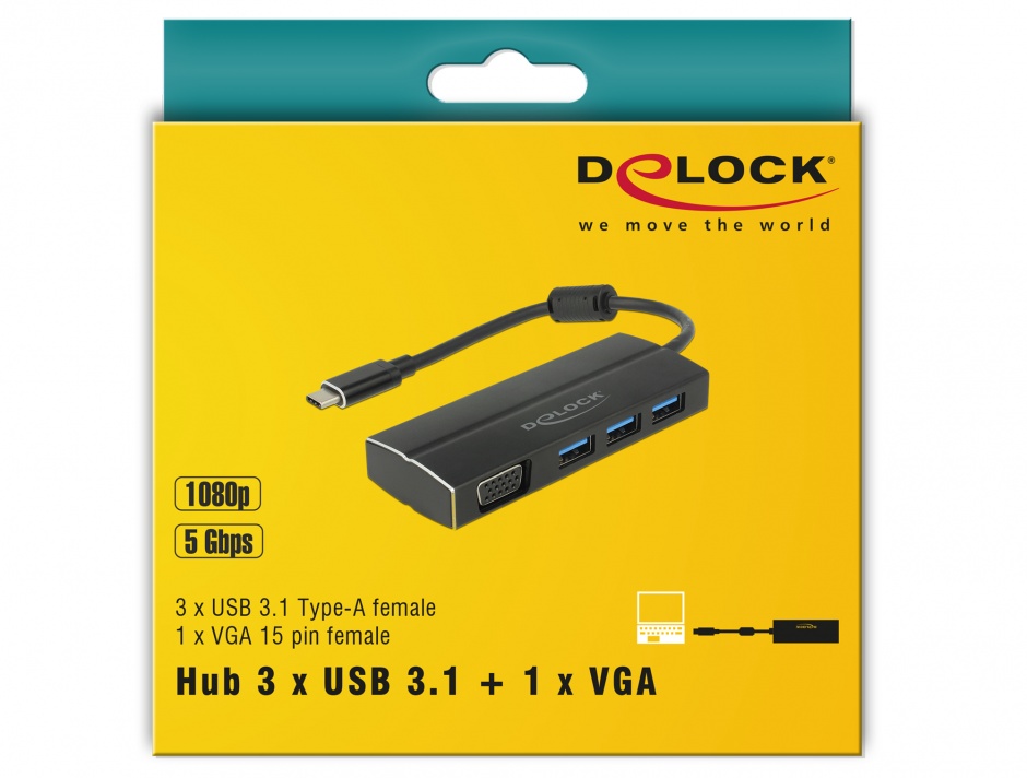 Imagine Adaptor USB-C 3.1 la VGA (DP Alt Mode) + 3 x USB-A, Delock 63932