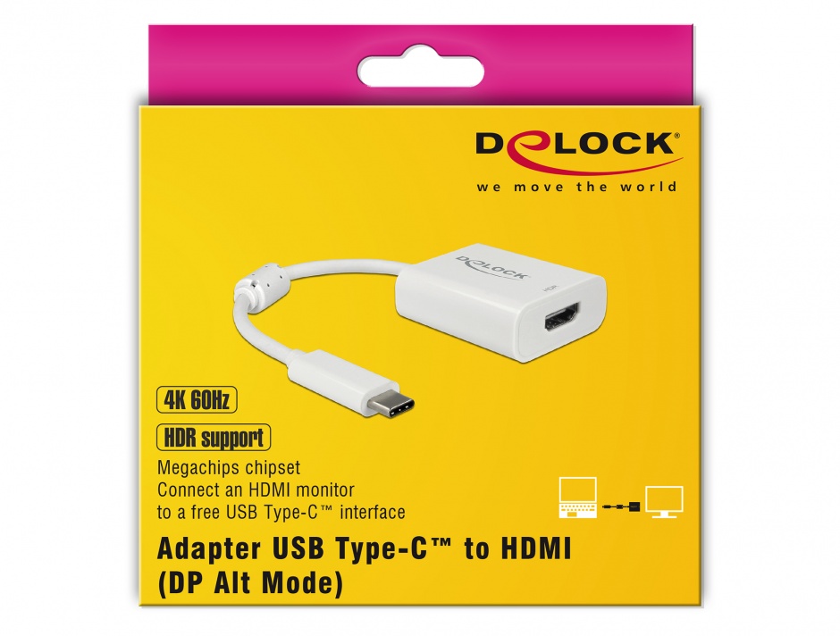 Imagine Adaptor USB tip C la HDMI (DP Alt Mode) 4K 60Hz cu HDR T-M Alb, Delock 63937