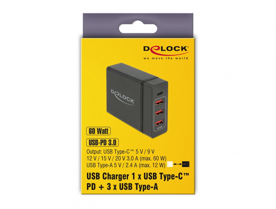 Imagine Incarcator universal 60W IEC C8 la USB-C PD + 3 x USB-A, Delock 63974