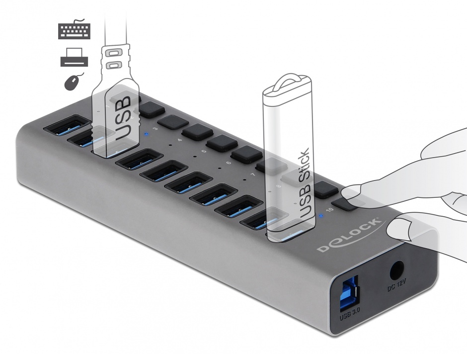 Imagine HUB cu 10 porturi USB 3.0 + switch ON/OFF Negru, Delock 63976