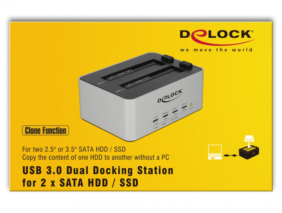 Imagine Dual Docking Station 2 x SATA HDD / SSD la USB 3.0 functie de Clona carcasa metalica, Delock 63991