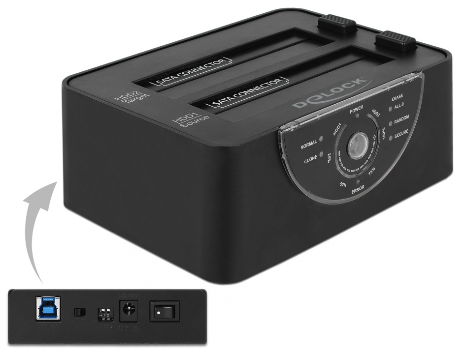 Imagine Docking Station Dual USB 3.0 pentru 2 x SATA HDD/SSD functie de Clona/Erase metalic, Delock 63992