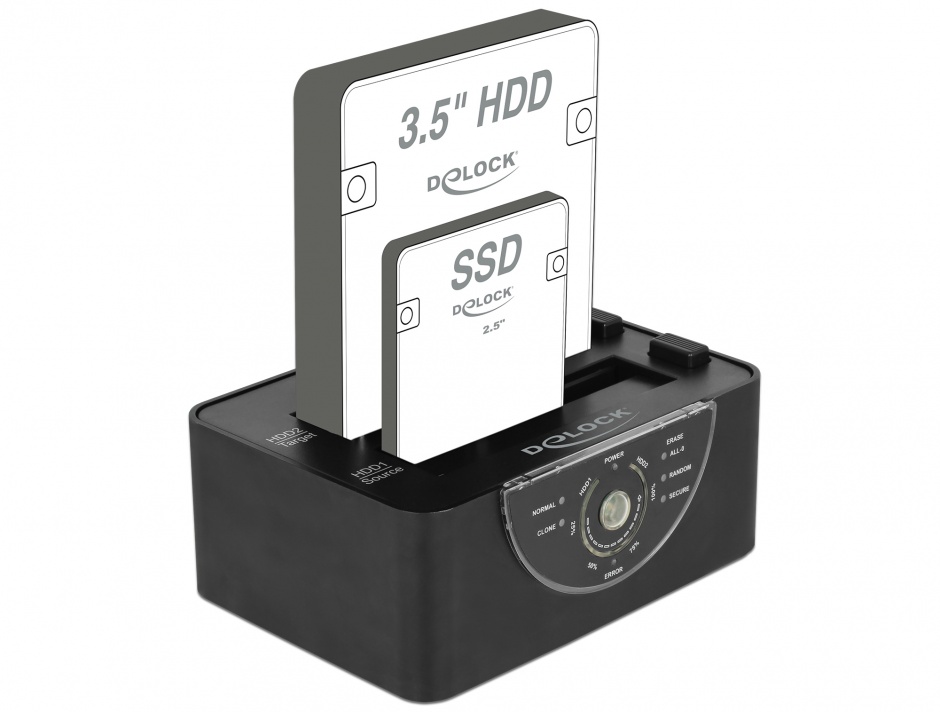 Imagine Docking Station Dual USB 3.0 pentru 2 x SATA HDD/SSD functie de Clona/Erase metalic, Delock 63992