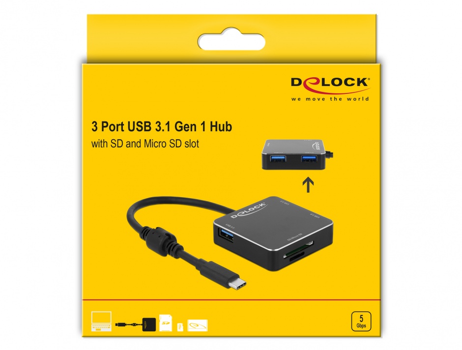 Imagine HUB USB 3.1-C la 3 x USB-A + slot SD + slot micro SD Negru, Delock 64042