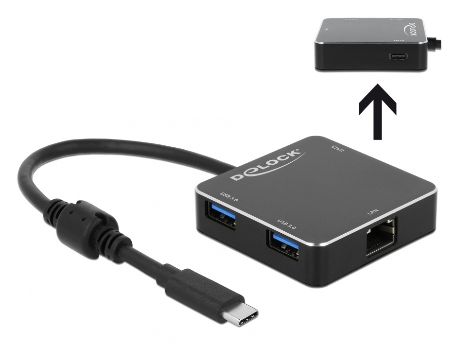Imagine HUB USB 3.1-C cu 2 x USB-A + 1 x USB-C + 1 x Gigabit LAN Negru, Delock 64043