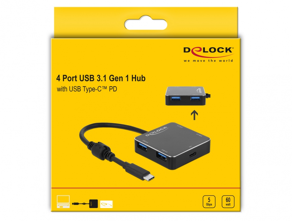 Imagine HUB USB 3.1-C la 4 x USB-A + PD (Power Delivery) Negru, Delock 64044 