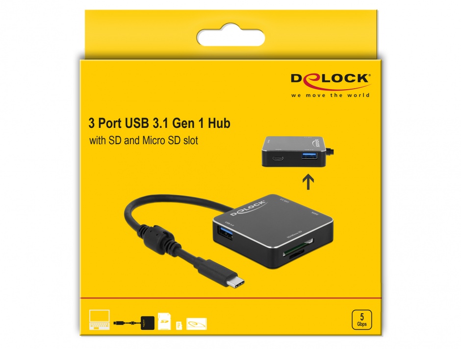 Imagine HUB USB-C 3.1 cu 2 x USB-A + 1 x USB-C + slot SD + slot micro SD Negru, Delock 64045
