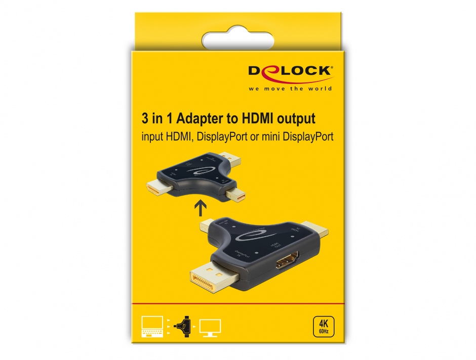 Imagine Adaptor 3 in 1 HDMI / DisplayPort / mini DisplayPort in la HDMI 4K 60Hz T-M Negru, Delock 64059