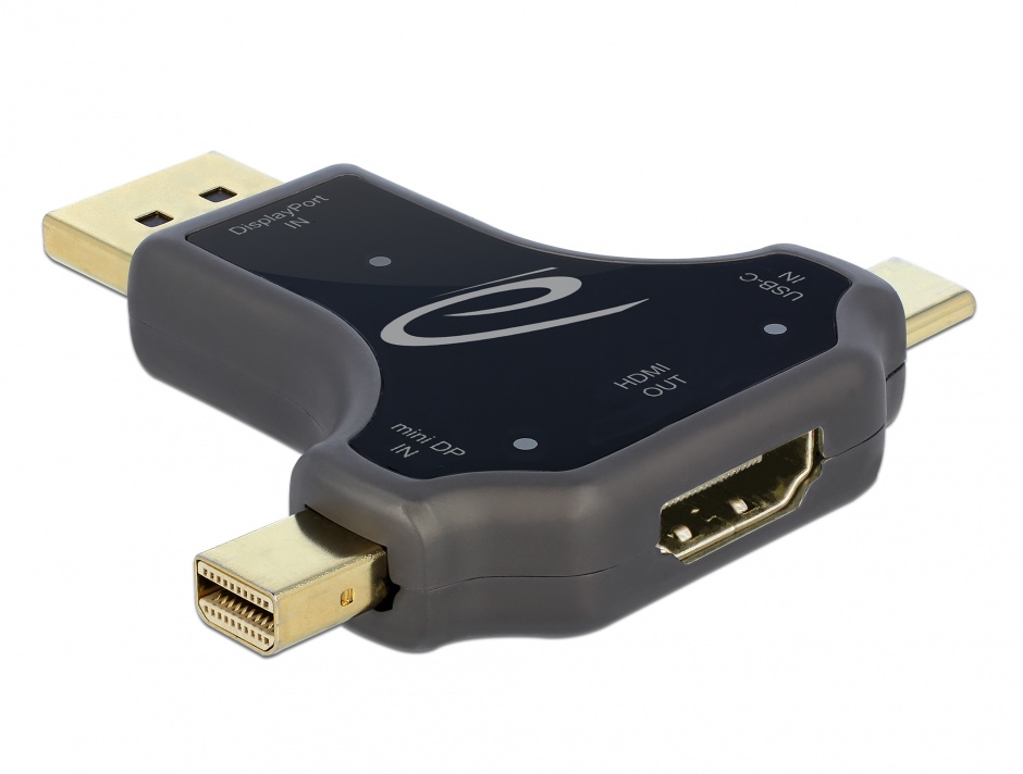 Imagine Adaptor 3 in 1 USB-C/ DisplayPort / mini DisplayPort la HDMI 4K@60Hz T-M Negru, Delock 64060