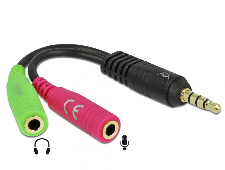 Imagine Cablu stereo jack 3.5mm 4 pini la 2 x jack 3.5mm pentru casca + microfon T-M (standard pin assignment), Delock 65344