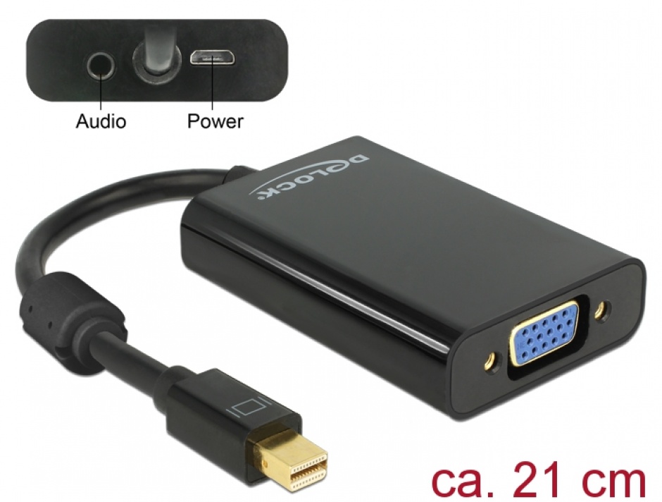 Imagine Adaptor mini Displayport la VGA + Audio + Alimentare Negru T-M, Delock 65598