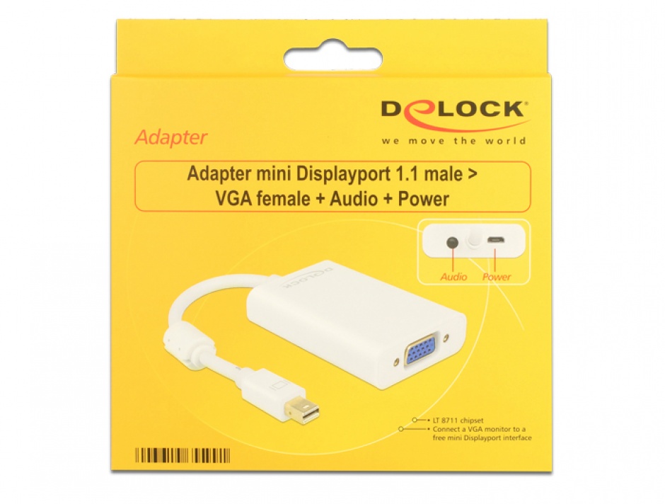 Imagine Adaptor mini Displayport la VGA + Audio + Alimentare Alb T-M, Delock 65599