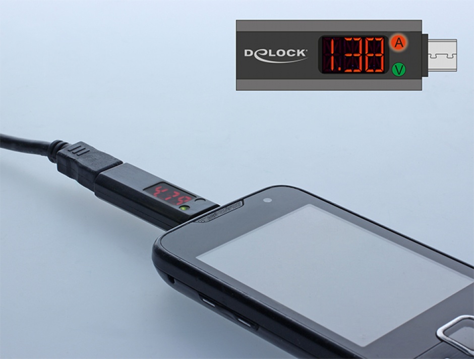 Imagine Adaptor micro USB cu indicator LED pentru voltaj/amperaj, Delock 65656