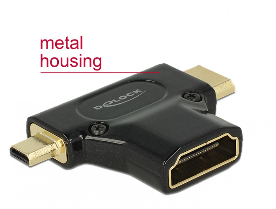 Imagine Adaptor HDMI la micro-D HDMI si mini-C HDMI T-M metalic, Delock 65666