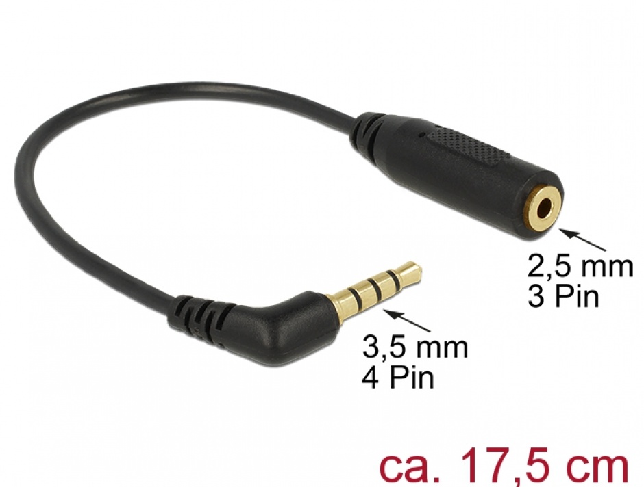 Imagine Cablu Stereo jack 3.5 mm 4 pini la jack 2.5 mm 3 pini unghi T-M, Delock 65673