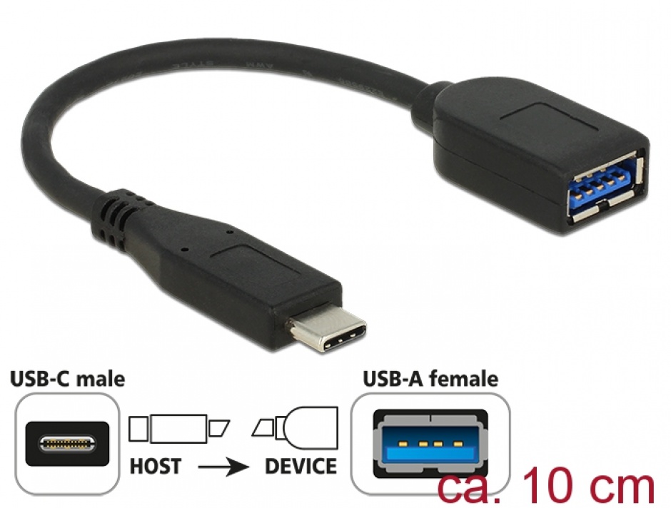 Imagine Adaptor SuperSpeed USB 3.1 tip C (host) la USB-A (device) T-M 10cm coaxial negru Premium, Delock 65684