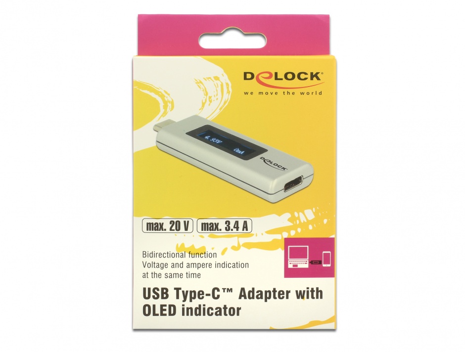 Imagine Adaptor USB-C PD (Power Delivery) cu indicator OLED pentru amperaj si voltaj, Delock 65844
