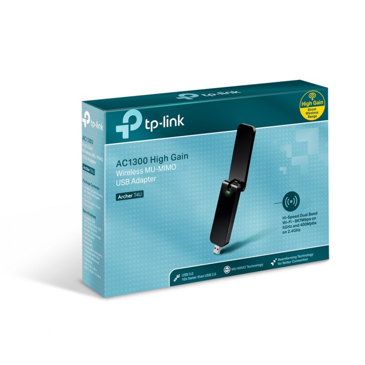 Imagine Placa retea AC1200 USB Wireless Dual Band, TP-Link Archer T4U-4