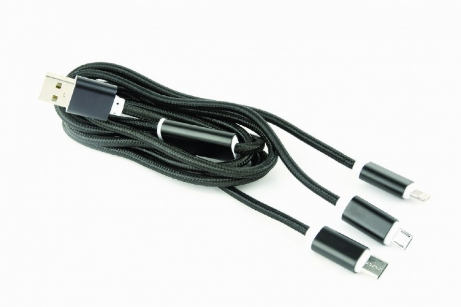 Imagine Cablu USB 2.0 la Micro USB-B, USB-C si Lightning Apple 1m Negru, Gembird CC-USB2-AM31-1M