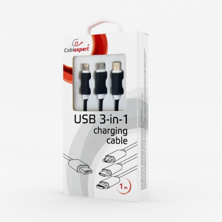 Imagine Cablu USB 2.0 la Micro USB-B, USB-C si Lightning Apple 1m Negru, Gembird CC-USB2-AM31-1M