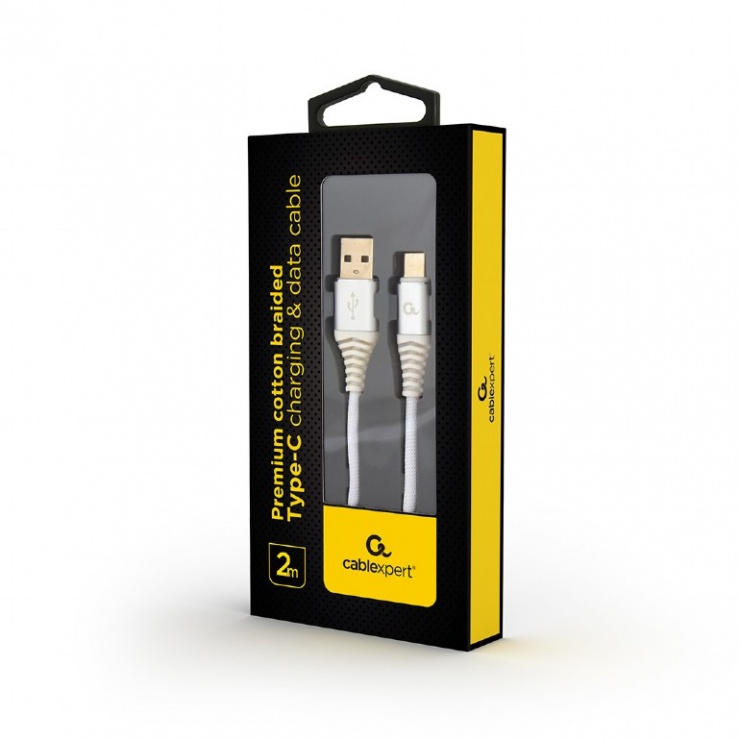 Imagine Cablu USB 2.0 la USB-C Premium Alb/Argintiu brodat 2m, Gembird