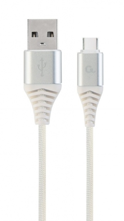 Imagine Cablu USB 2.0 la USB-C Premium Alb/Argintiu brodat 2m, Gembird