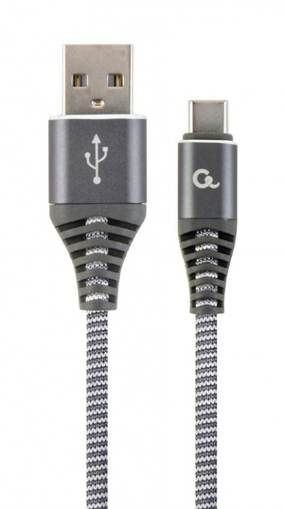 Imagine Cablu USB 2.0 la USB-C Premium Alb/Gri brodat 2m, Gembird CC-USB2B-AMCM-2M-WB2
