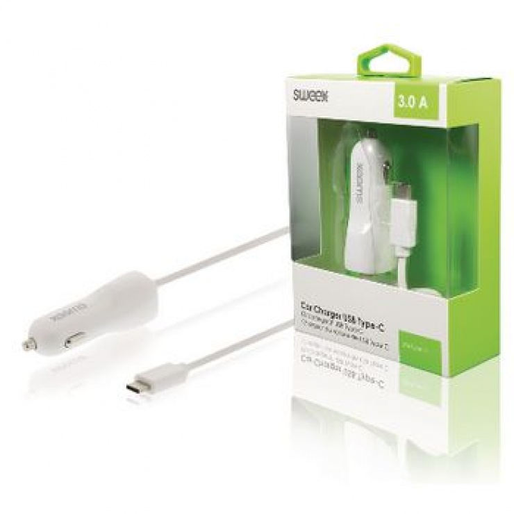 Imagine Incarcator auto USB-C 3A 1m Alb, Sweex CH-010WH