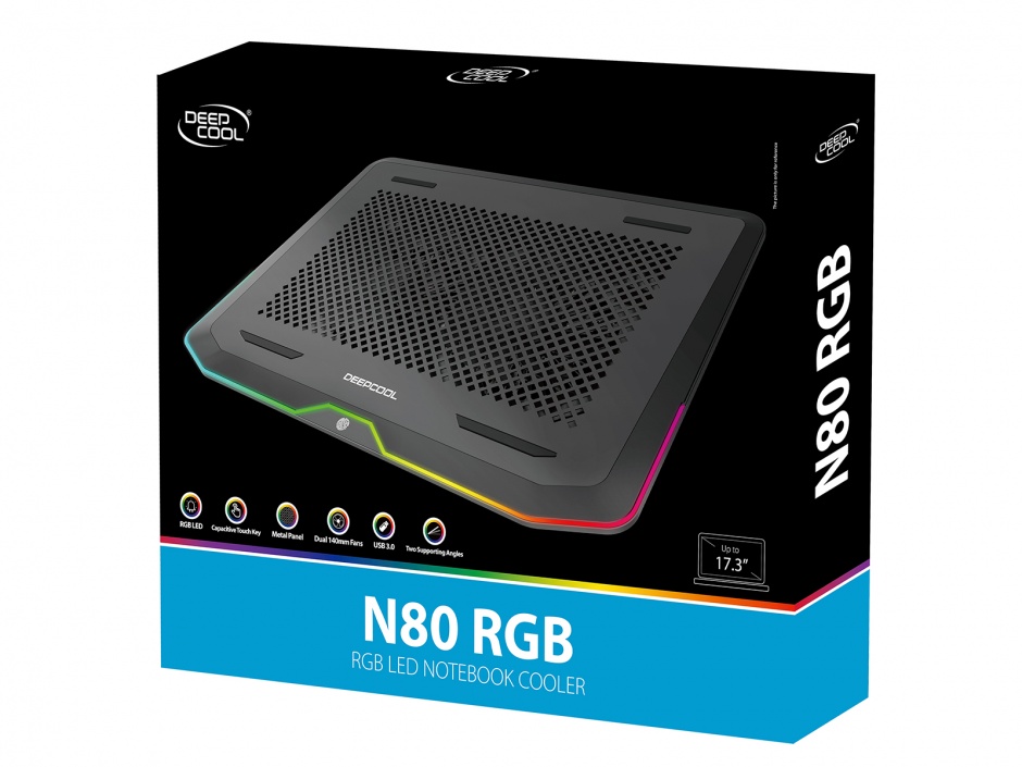 Imagine Stand notebook 17" cu iluminare RGB 2 x fan 14cm + 2 x USB 3.0, Deepcool N80 RGB-3