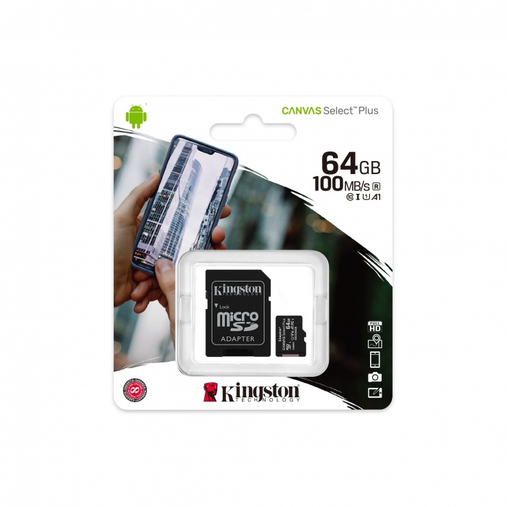 Imagine Card de memorie micro SD 64GB clasa 10 Canvas Select Plus, Kingston SDCS2/64GB