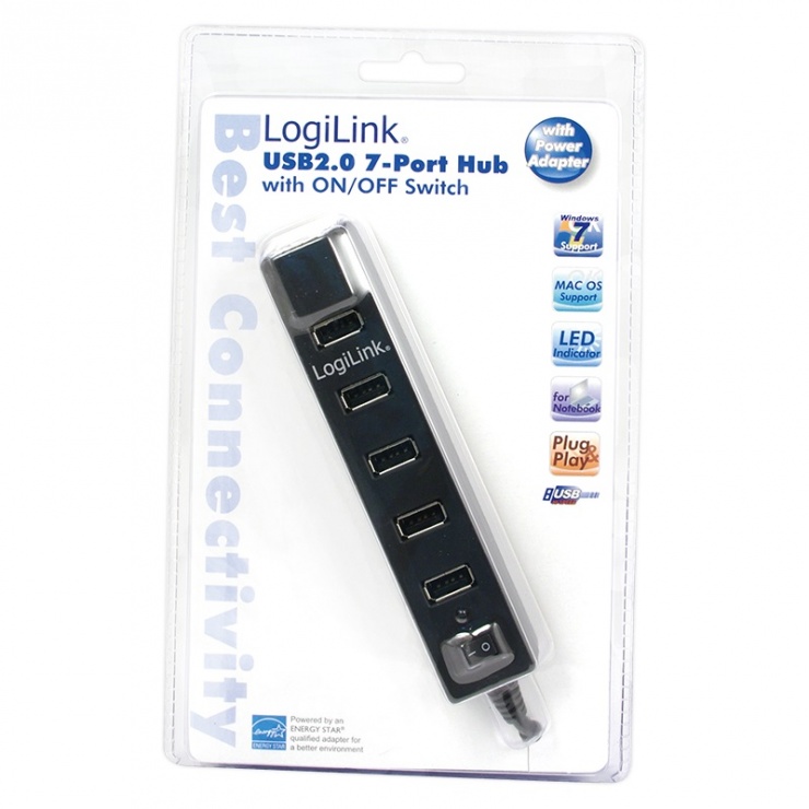Imagine HUB USB cu 7 porturi USB 2.0 alimentare 3.5A Negru, Logilink UA0124