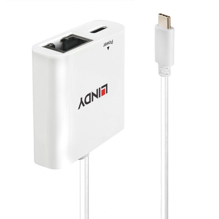 Imagine Adaptor USB-C la Gigabit LAN + alimentare USB-C T-M Alb, Lindy L43284
