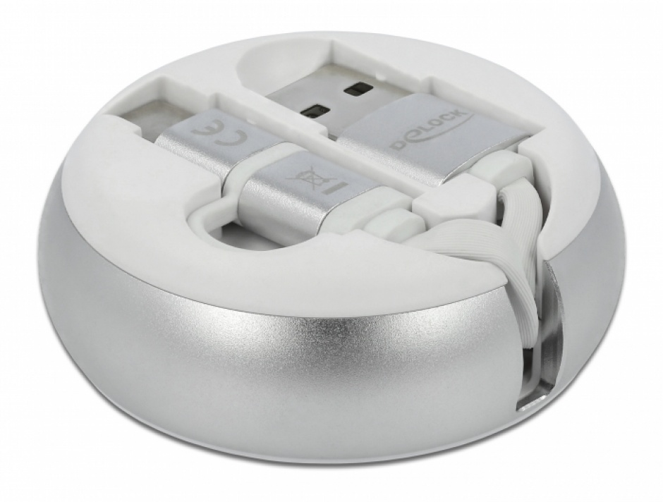 Imagine Cablu de date si incarcare USB 2.0 la micro USB-B + USB-C retractabil Alb/Argintiu, Delock 85821