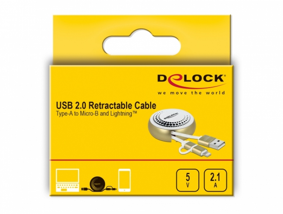 Imagine Cablu de date si incarcare USB 2.0 la micro USB-B + Lightning retractabil Alb/Auriu, Delock 85820