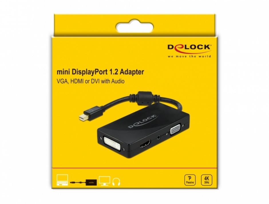 Imagine Adaptor pasiv Mini DisplayPort 1.2 la VGA / HDMI / DVI / Audio Negru, Delock 62073