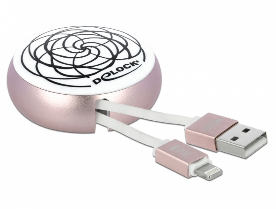Imagine Cablu de date si incarcare USB 2.0 la Lightning retractabil Alb/Roz, Delock 85817