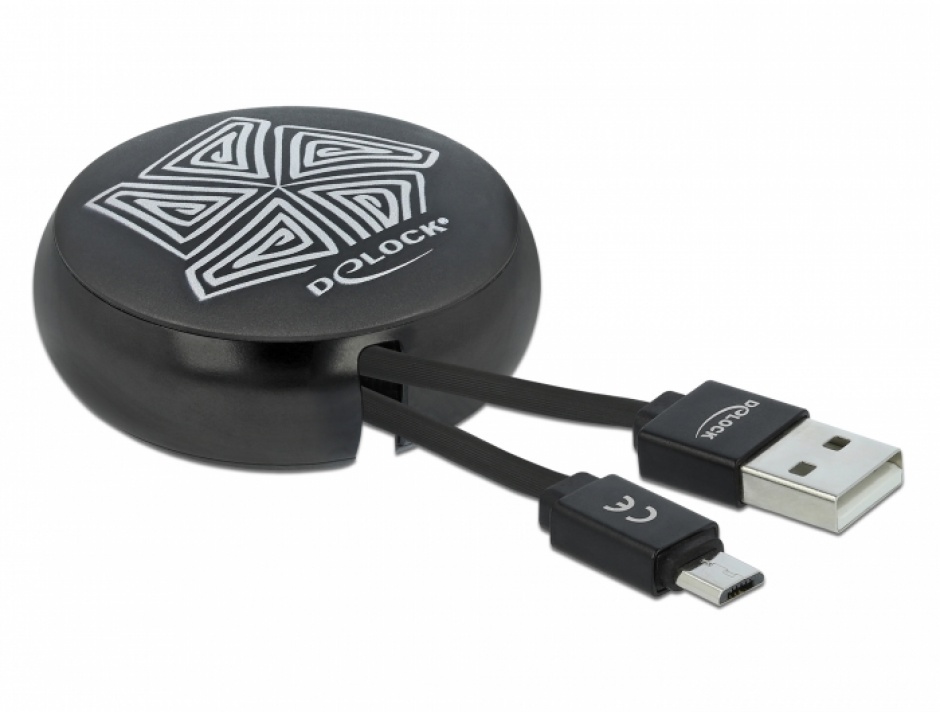Imagine Cablu de date si incarcare USB 2.0 la micro USB-B retractabil Negru, Delock 85818