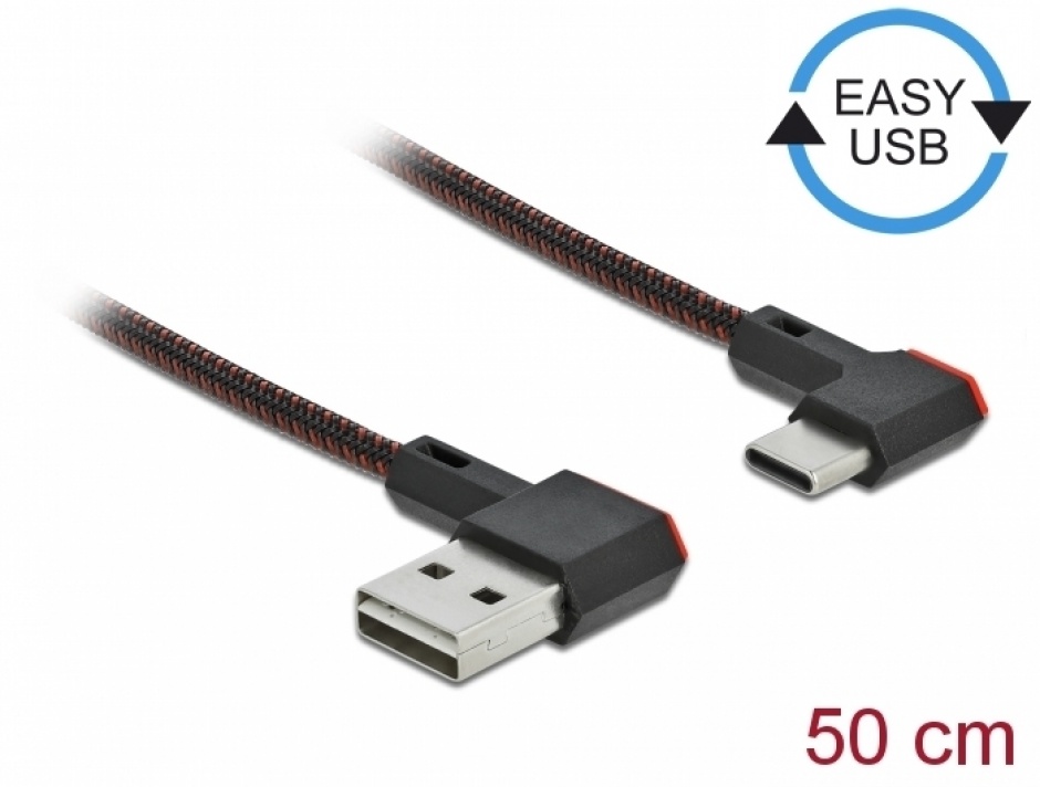 Imagine Cablu EASY-USB 2.0 la USB-C unghi stanga/dreapta 0.5m textil, Delock 85280