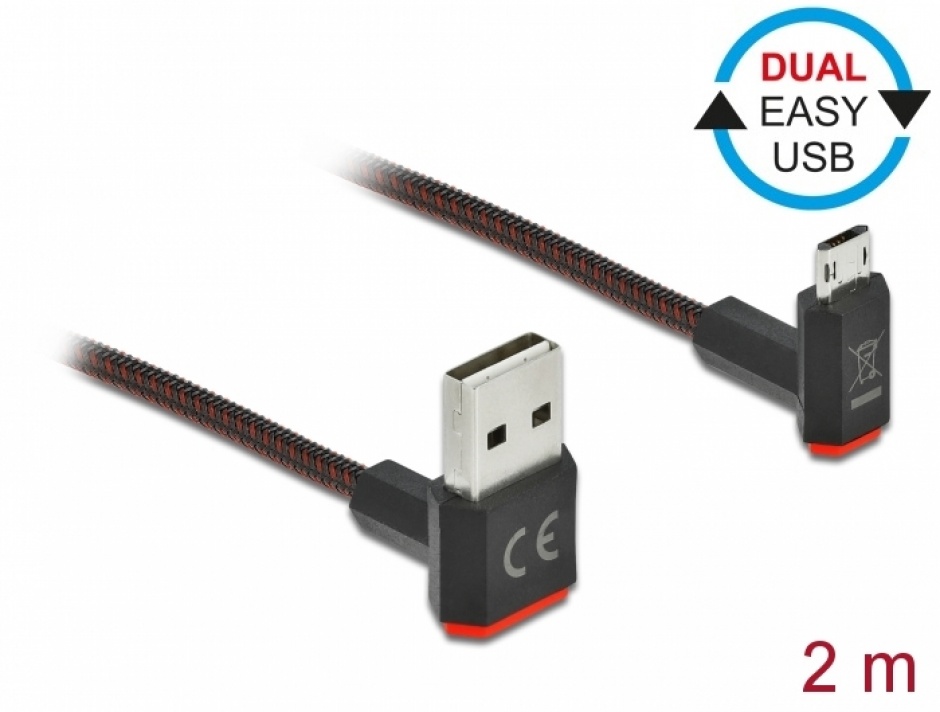 Imagine Cablu EASY-USB 2.0 la micro-B EASY-USB unghi sus/jos 2m textil, Delock 85268