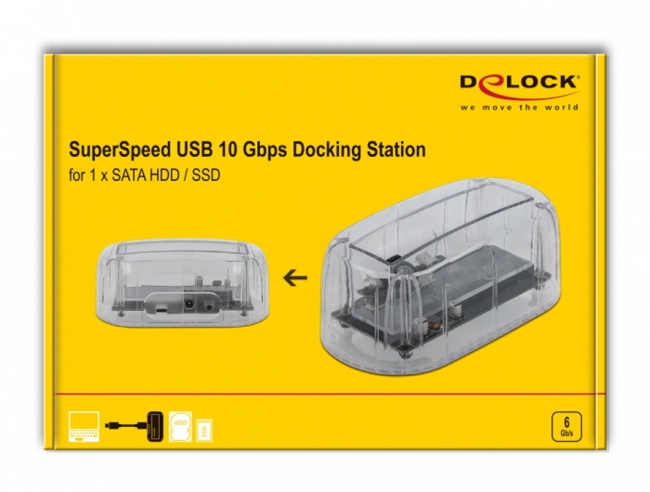 Imagine Docking Station USB-C 3.0 pentru 1 x SATA 2.5"/3.5" HDD / SSD transparent, Delock 64089