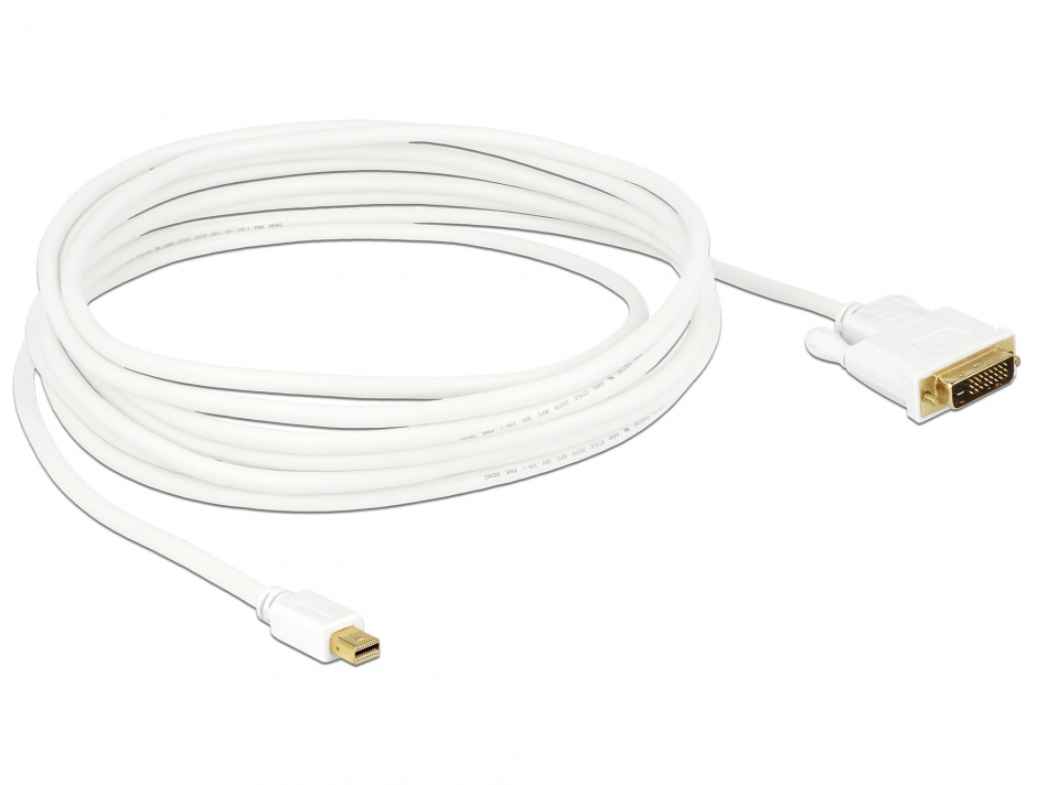 Imagine Cablu mini DisplayPort 1.1 la DVI-D 24+1 pini T-T Alb 5m, Delock 82920