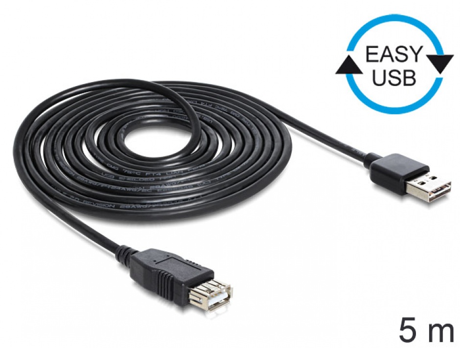Imagine Cablu prelungitor EASY-USB 2.0-A la USB 2.0-A T-M 5m Negru, Delock 83373