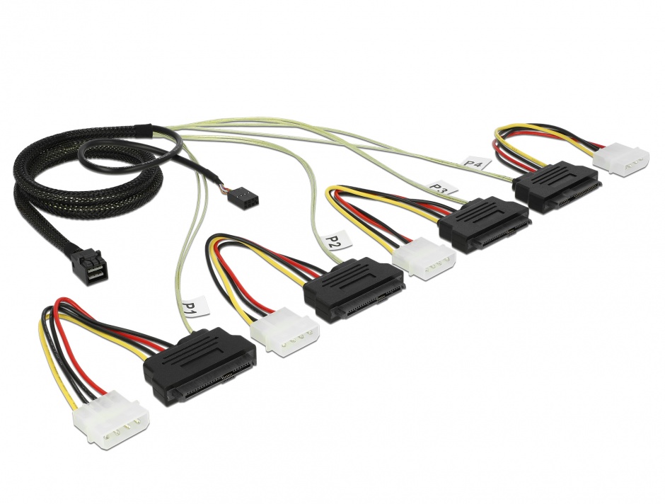 Imagine Cablu Mini SAS HD SFF-8643 la 4 x SAS SFF-8482 + power + Sideband 1m, Delock 83391
