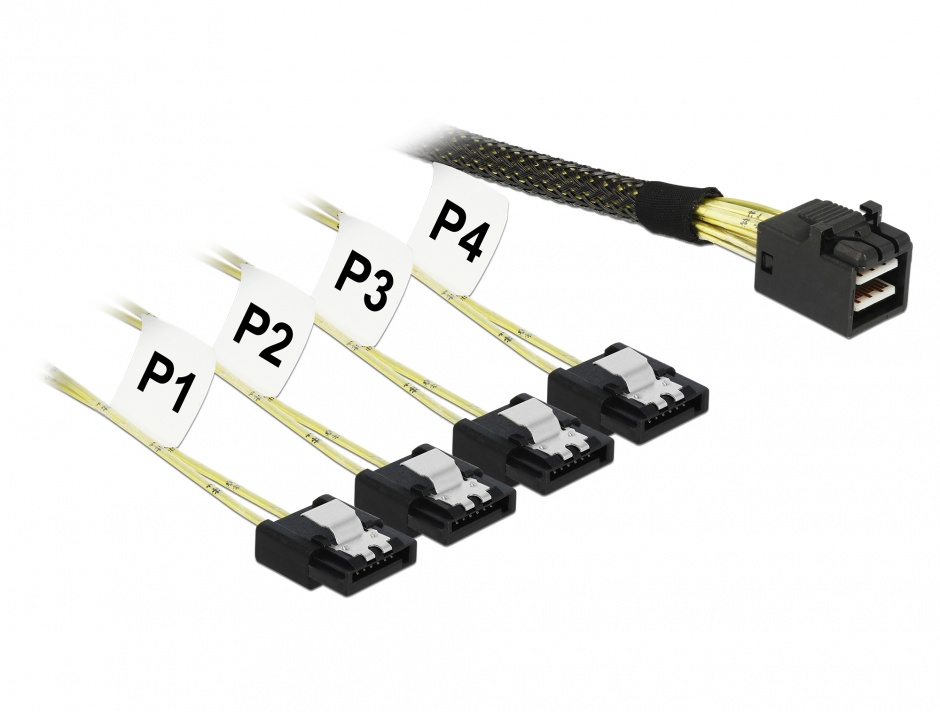 Imagine Cablu Mini SAS HD SFF-8643 > 4 x SATA 7 Pin 0.5 m, Delock 83392